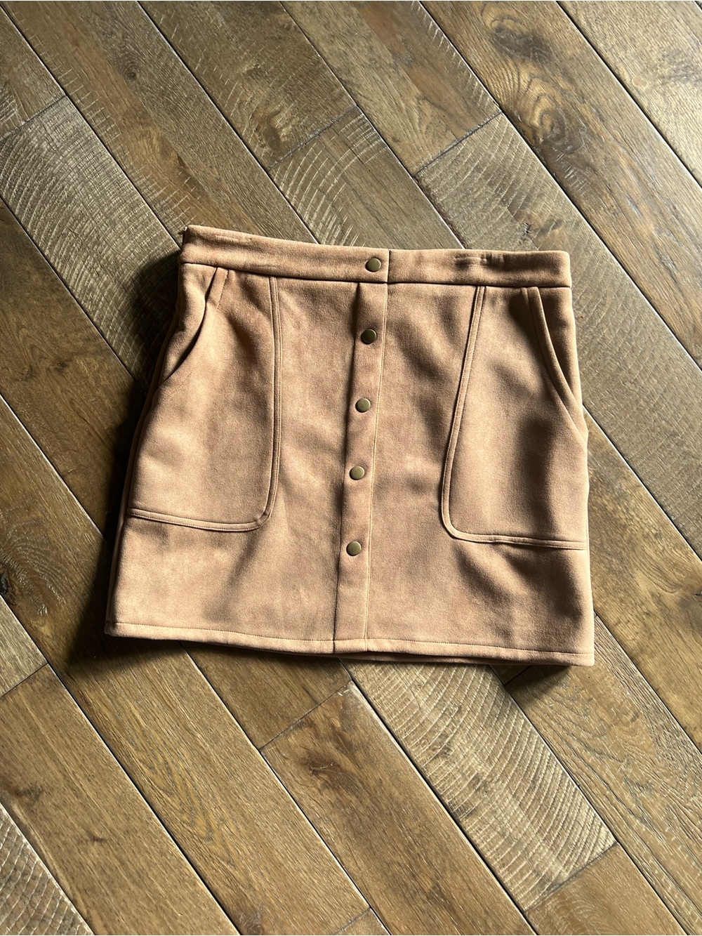 Button-Front Tan Mini Skirt with Patch Pockets